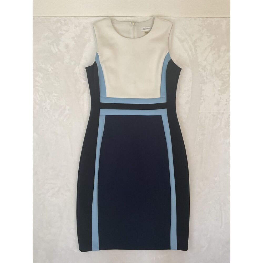 Calvin Klein Blue light Blue White Color Block Sleeveless Sheath Dress Size 8